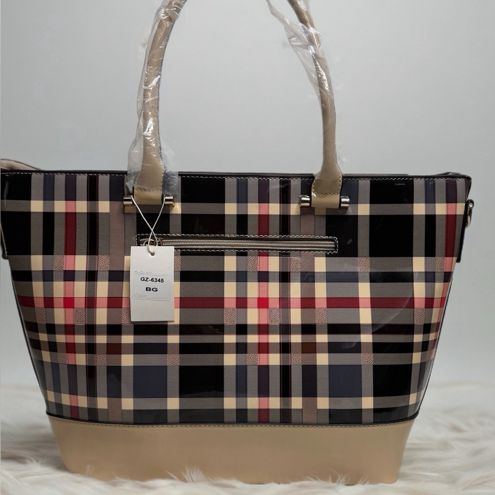 Stylish Plaid Tote Bag - Beige, Black, and Red